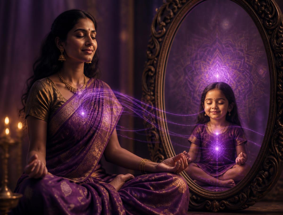 A calm meditating parent reflected as a calm, smiling child