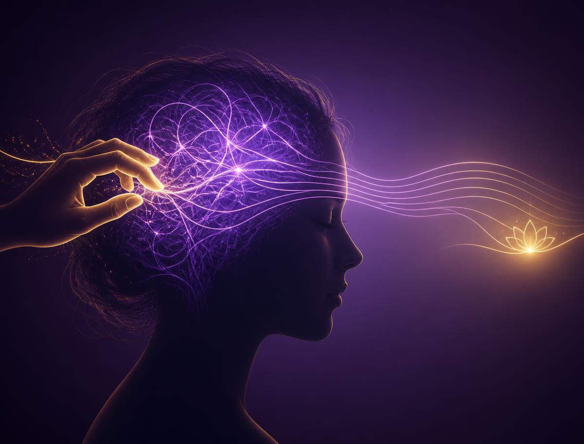 Illustration of tangled subconscious patterns being smoothed into calm flowing lines