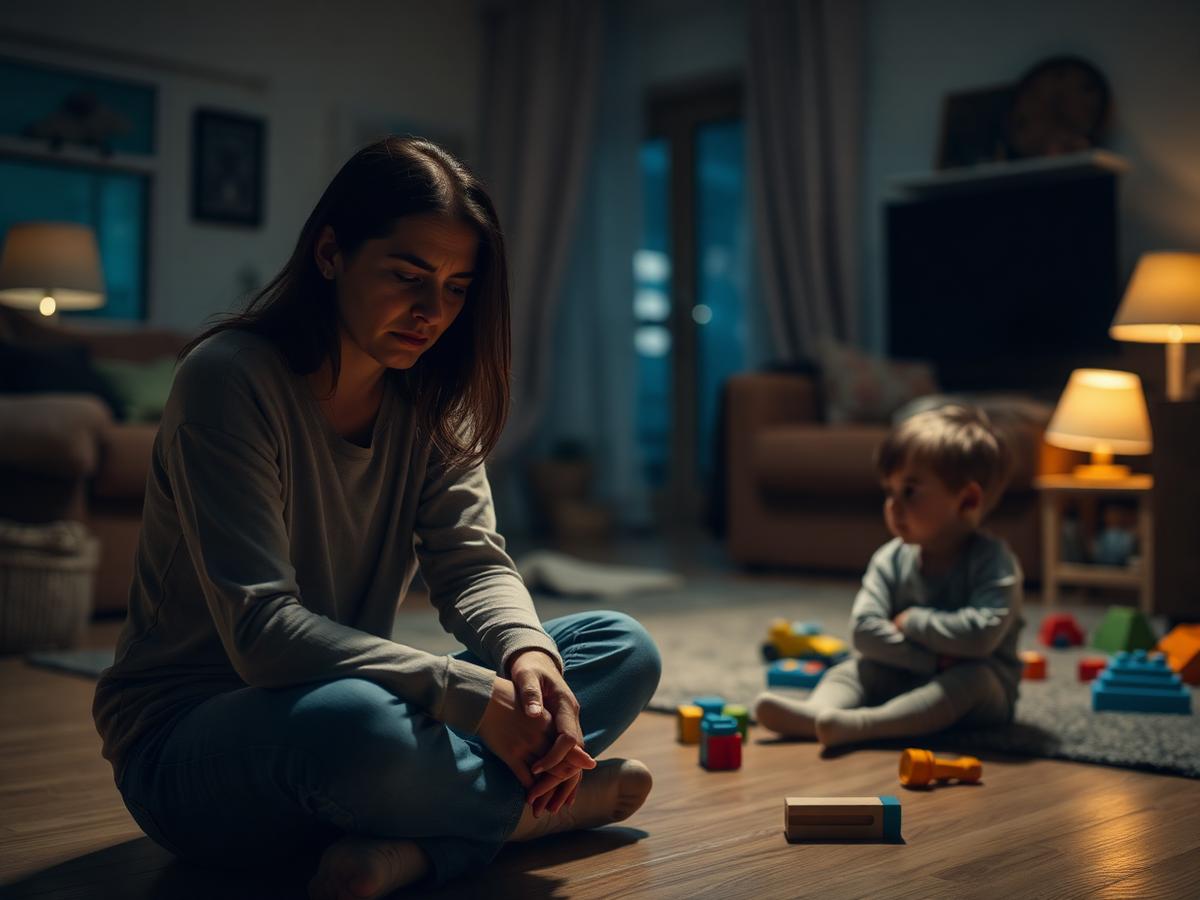 Overwhelmed parent sitting on the living room floor while an upset child sits apart