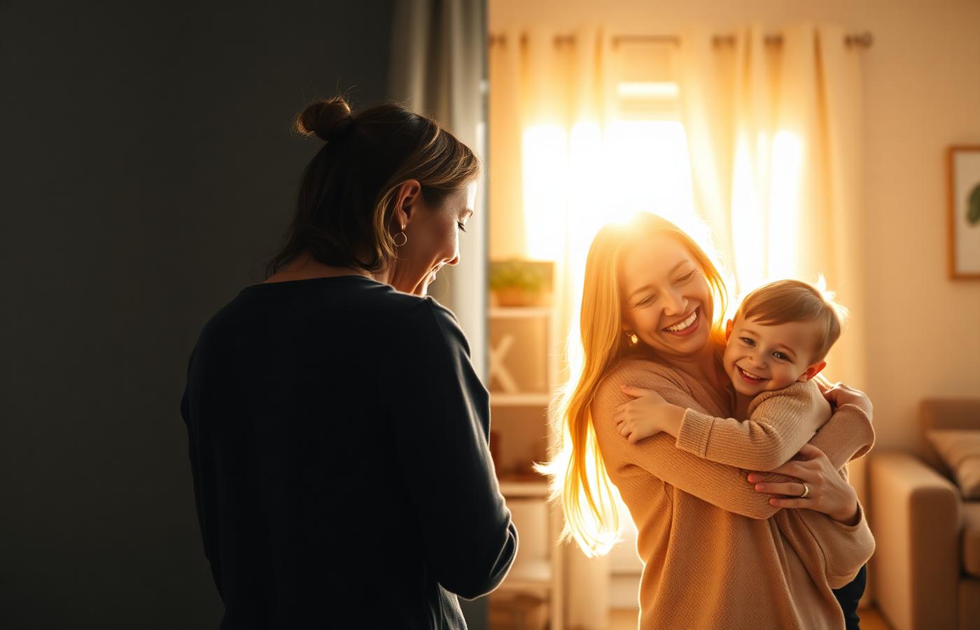 Transformation image: a tense parent on one side, the same parent joyfully hugging her child in warm light on the other