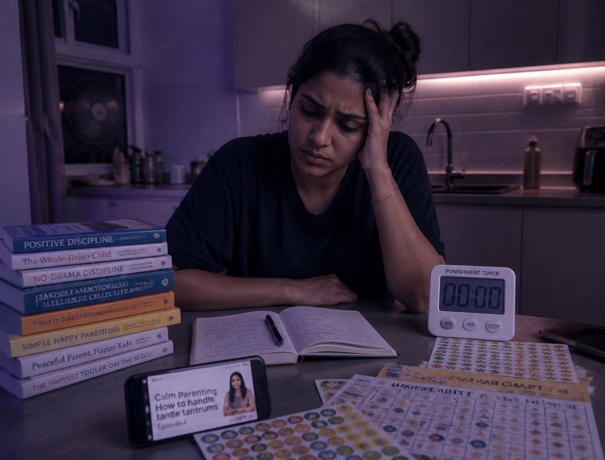 Parent surrounded by parenting books, reward charts and videos, looking defeated